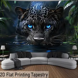 1pc Large Leopard Tapestry - Vibrant Blue Eyes, Polyester Wall Hanging with Free Mounting Clips, Perfect for Living Room, Bedroom, or Dorm Decor, Jungle Theme Room Accent, Dorm Room Decor |       Jungle Theme Decor |       Polyester Tapestry, Leopard Deco