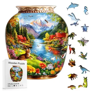 Wooden Jigsaw Puzzle for Adults, Vase Shaped Nature Landscape, 5a Difficulty, Independence Day Theme, Family Game Night Gift, Wooden Puzzles