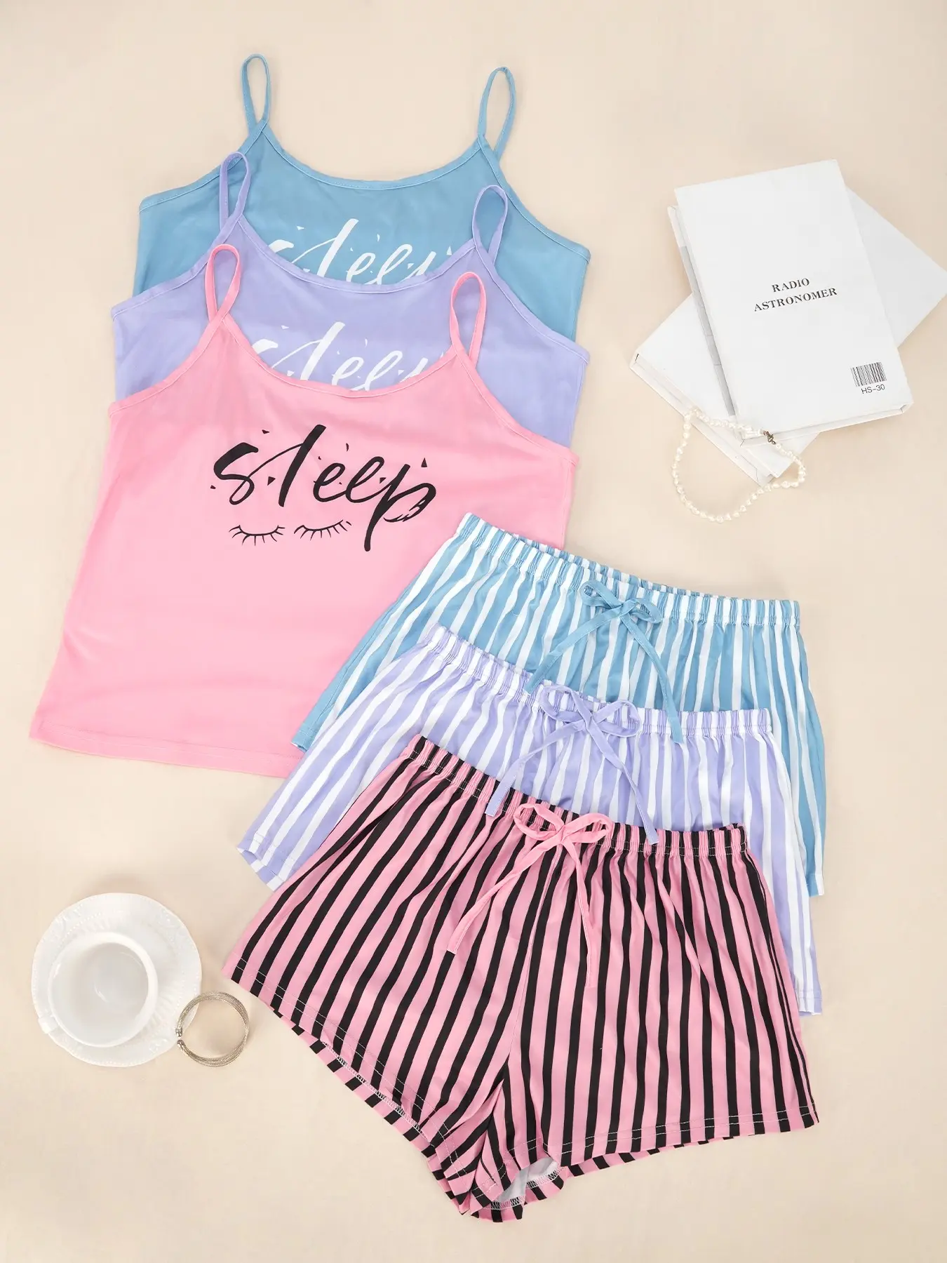 Women's Sleepwear Set, Pajama & Loungewear, Breathable Skin-Friendly Soft Jacquard Fabric, Comfortable Casual Home Wear, Practical Design, Sleeveless Spaghetti Strap Tank Top & Striped Shorts for All Seasons