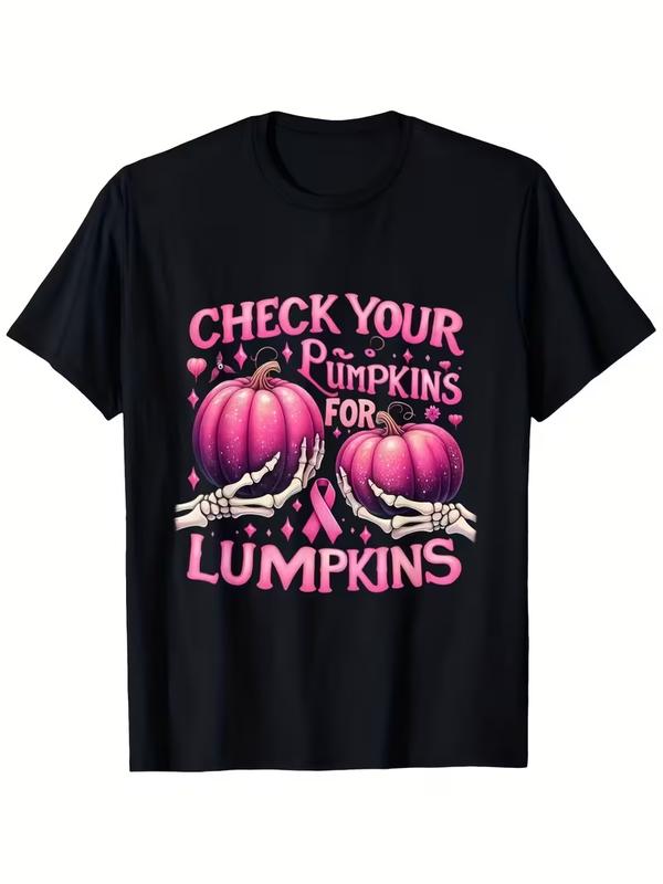 Women's Breast Cancer Awareness Pink Ribbon T-Shirt - 2026 Summer Short-Sleeves, Pumpkin Graphic, Round Neck, Unisex Style, Breast Cancer Msg Print