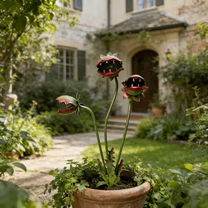 A Bizarre 3D Painted Metal Carnivorous Plant Outdoor Statue, Featuring a Three-Headed Metal Piranha Flower Sculpture, Highly Weather-Resistant, Suitable for Gardens, Lawns, Halloween Decorations, And Haunted Houses