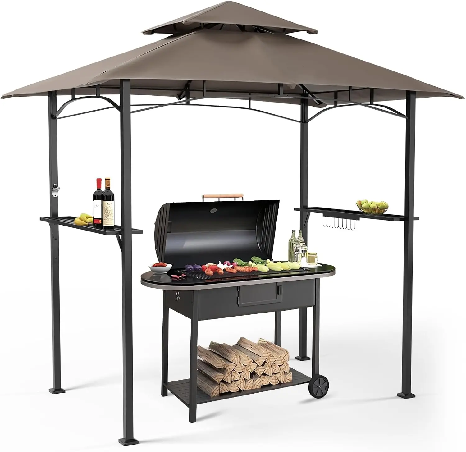 INTERGREAT Outdoor Grill Gazebo 8 x 5, Patio Double Tiered BBQ Canopy w/Air Vent, Gazebo Canopy with 8 Hook Tools for Barbecue Picnic Garden, Backyard, Poolside -Brown