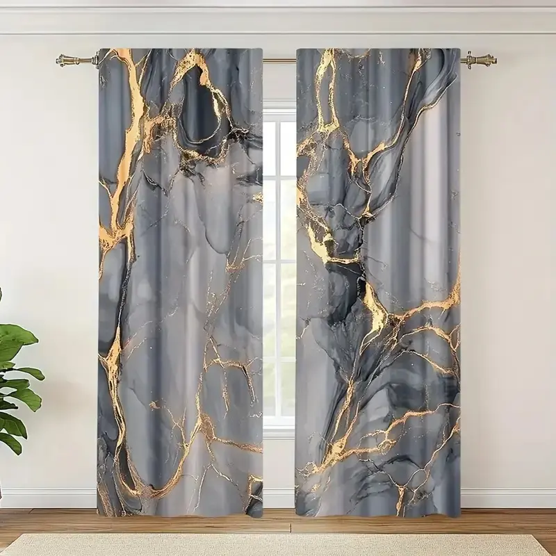 Elegant Marble Pattern Curtain Set, Polyester Rod Pocket Design, Perfect for Home Decor, Home Decorative Curtain, Room Decor Curtain and Window Decoration, Durable Material, Heavy Curtain