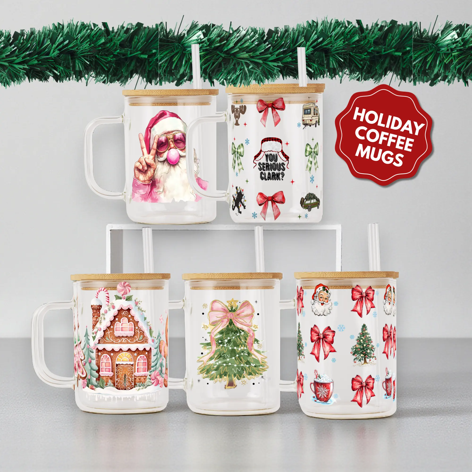 Christmas 17oz Glass Mug with Lid and Straw, Iced Coffee Drinkware, Gift for Her, water bottle for women, christmas gift, Beverage Mug, Funny Mug, Funny Tumblers, Ceramic Mug Kit, Bamboo
