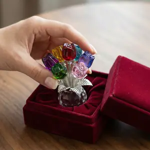 Colorful Rose Flower Crystal Figurine with Vase Bouquet K9 Crystal Handmade Ornament for Wife Girlfriend Women Home Table Decor Valentine's Day Wedding Anniversary Gift