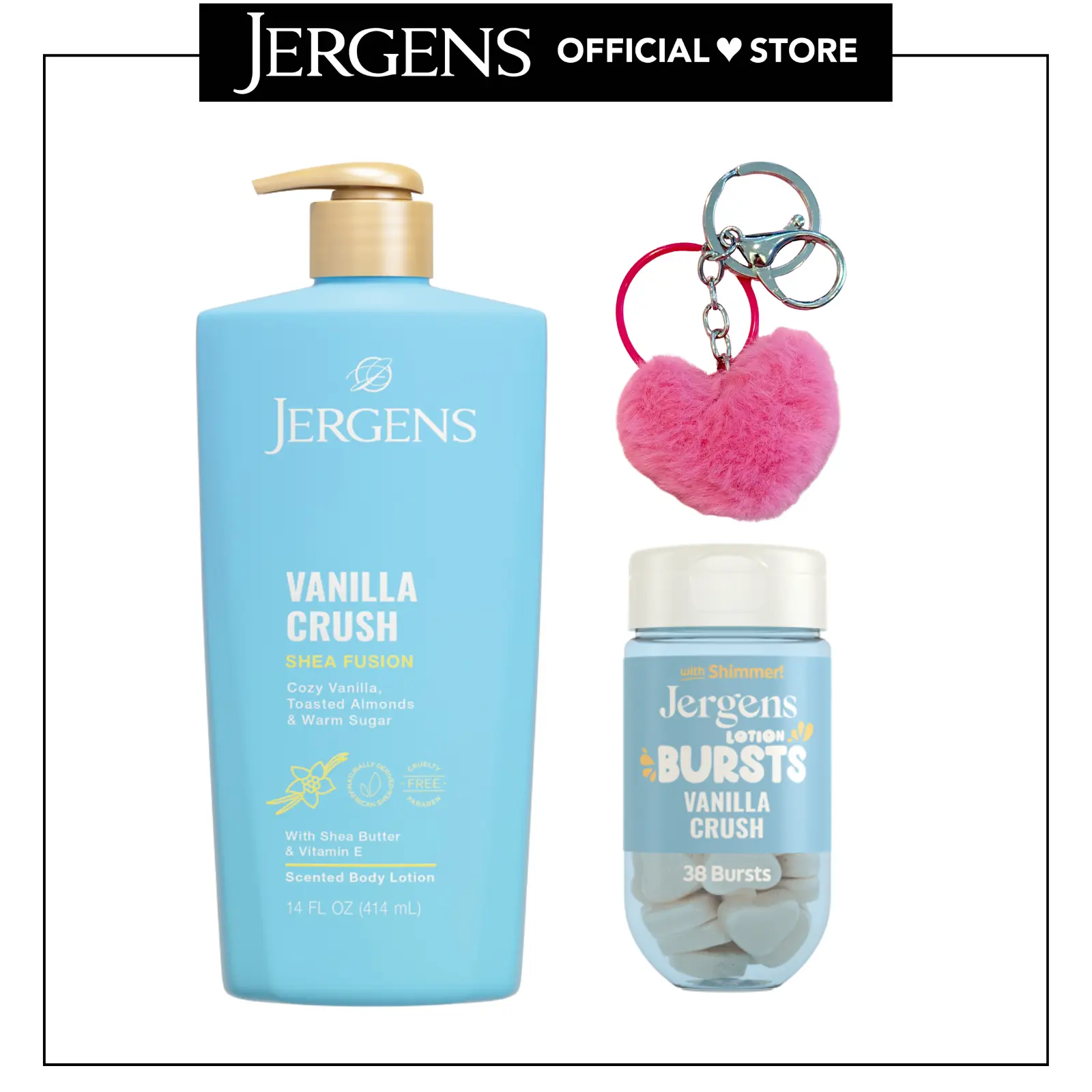 Jergens Shea Fusions and Bursts Bundles - Vanilla Crush and Sparkling Berry with TikTok Exclusive Keychains