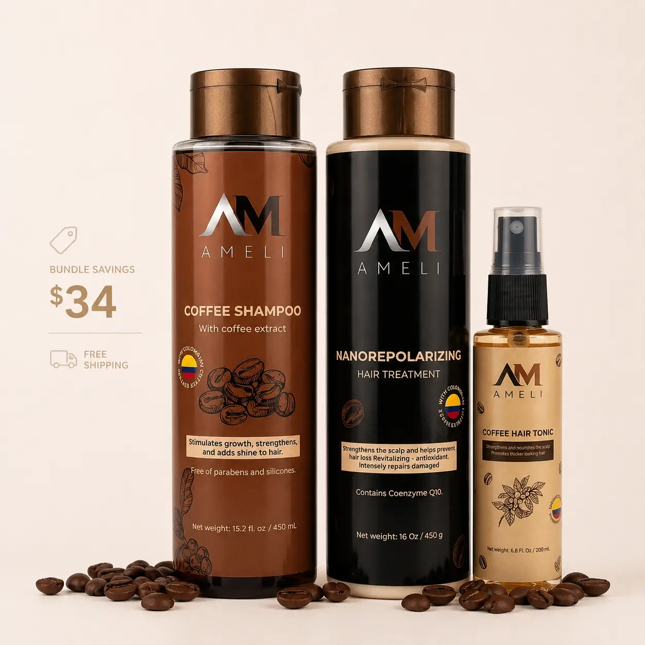 AM AMELI Organic 3-Piece Hair Strengthening Routine Set - Coffee & Argan Oil Shampoo & Conditioner for Daily Use, Rosemary-Infused Volumizing, Repair, Frizz Control for Dry, Weak Frizz Hair (Suitable for Any Adult), Organic Haircare Shampoo, Anti-Frizz
