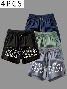 4 Pcs Men's Trendy Rhude Letter Print Shorts, Quick-Dry Lightweight Breathable Drawstring Zip Pocket Shorts, Sporty Slim-Fit Summer Sports Shorts
