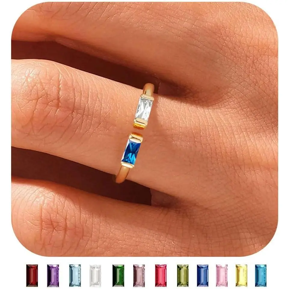 Gold Birthstone Rings for Women Non Tarnish Dainty 14K Gold Plated Stackable CZ Ring Adjustable Rings Wedding Promise Rings for Her Couples Gemstones Personalized Jewelry Gift for Birthday