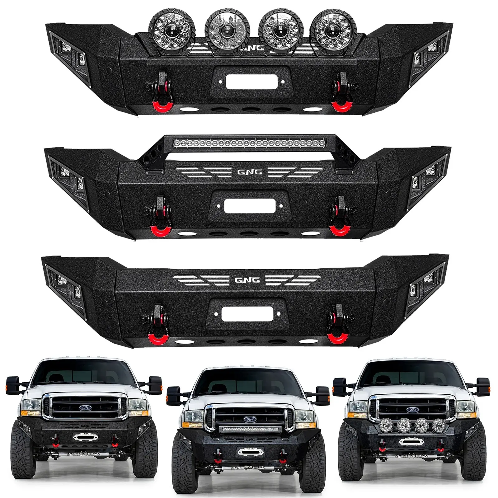 GNG Steel Front Bumper with LED Lights, Heavy-Duty Replacement for 1999-2004 Ford F250 F350 F450 Super Duty, Includes Screws