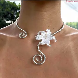 Women Iris Flower Choker, New iridescent wire wrapped necklace with spiral adjustable design, shiny colorful petals, exquisite handcrafted jewelry, stylish accessory for daily outfits, dating, parties and gifting