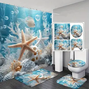1/4pcs, Ocean Themed 2D FLAT Shower Curtain and Non-Slip Bath Mat Set for Bathroom Decor Exquisite and practical home decoration gifts