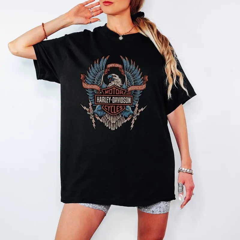H.ar.ley Da.vid.son Electric Ea.gle 90s Comfy Tee Pure Cotton Fabric Casual Crew Neck Short Sleeve Soft-Washed T-Shirt Trendy Tops for Women for Men