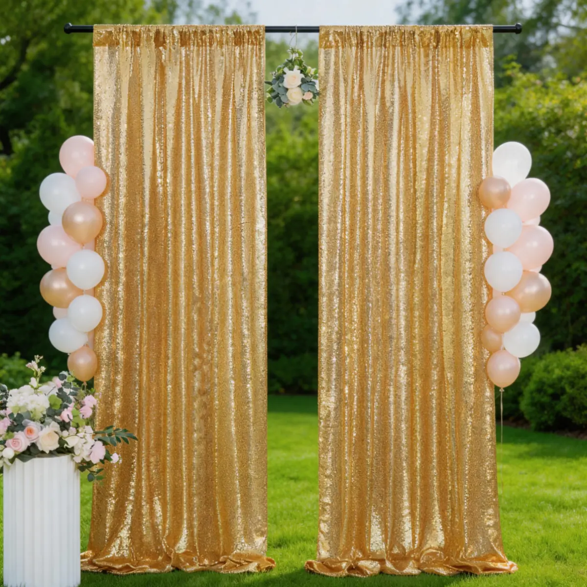 2 Pcs Gold Round Sequin Wall Backdrop Curtain - 2x8ft Wrinkle Resistant Shiny Photo Backdrop for Bridal Shower, Party Decorations, Home & Festive Supplies, Photo Backdrops
