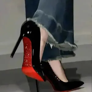 Red Sole Heels for Women – Thin, Very Black Patent Leather, Versatile and Elegant Beauty, Pointed Toe, Single Shoes, Classy Style
