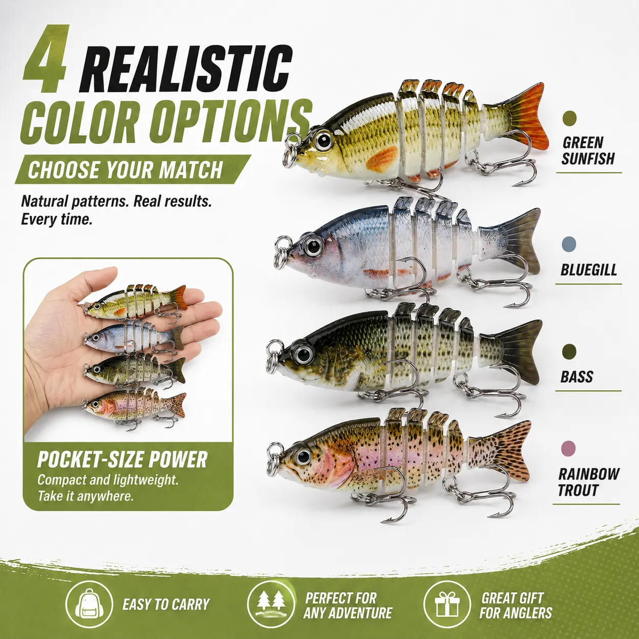 Multi-Jointed Hard Plastic Swimbait, 4-Piece Slow Sinking Lure with Natural Patterns and Treble Hooks for Freshwater Bass and Pike, Fishing Lures, Fishing Lures Kit, Bass Fishing Gear