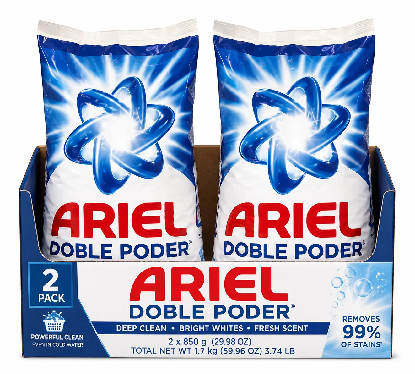 Ariel Doble Poder Powder Laundry Detergent, Deep Clean & Bright Whites, Fresh Scent, 850 g Bags, 2 Pack (Total 1.7 kg / 59.96 oz)