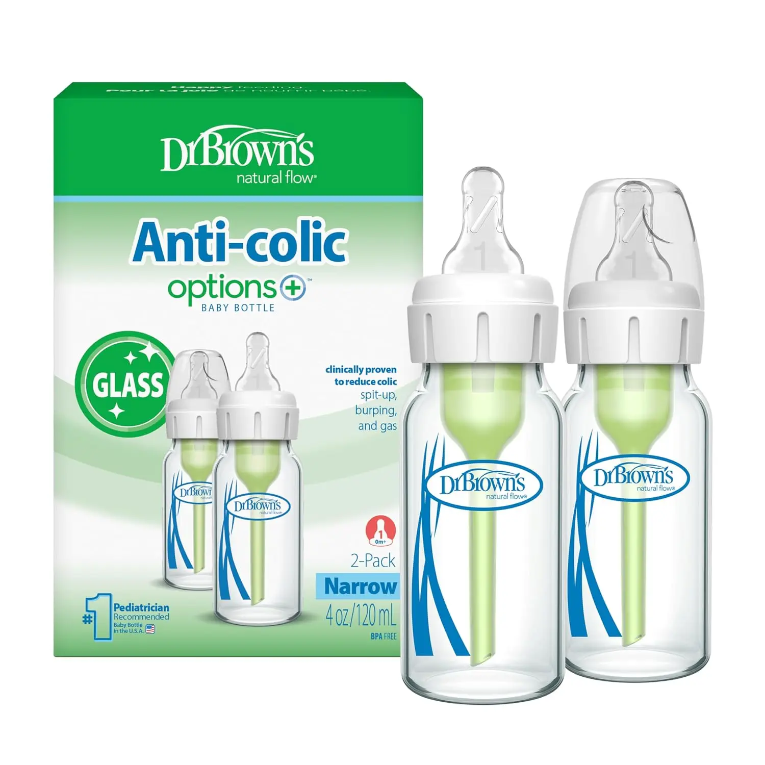 Dr. Brown's Anti-Colic Options+ Narrow Glass Baby Bottle with Level 1 Slow Flow Nipple, BPA-Free, 4 oz/120mL, 0m+, 2-Pack