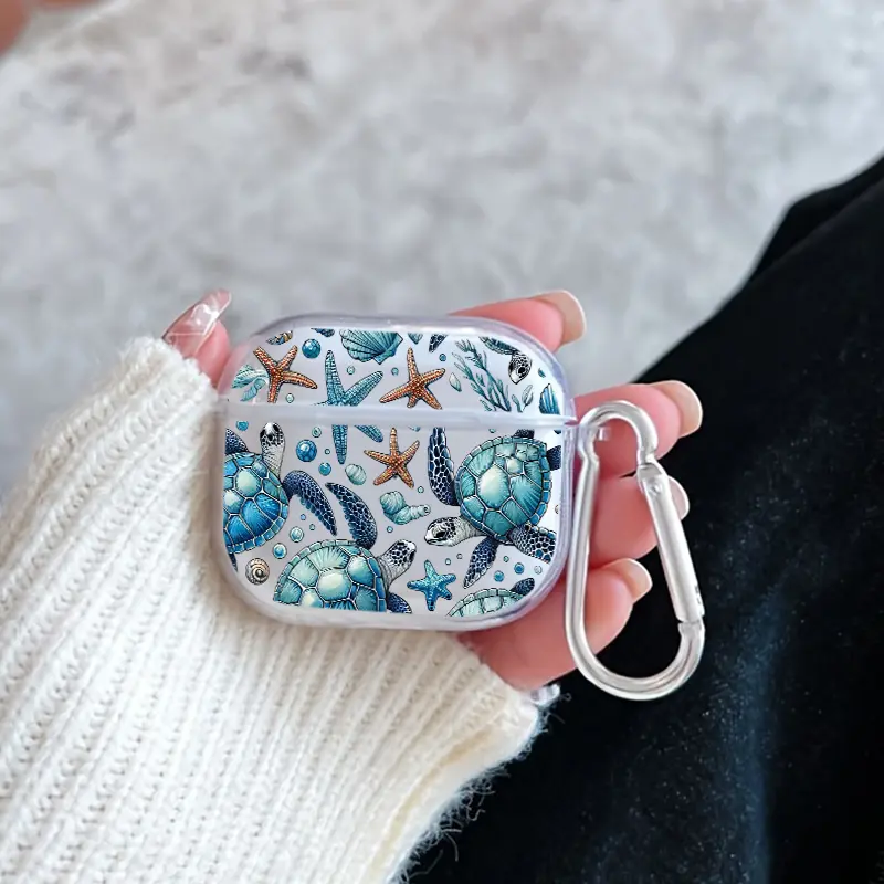 Oceanic Graceful Wonders Pattern Protective Case for AirPods 4/3/2/1/Pro/Pro2 Soft TPU Earphone Cover, Transparent with Keychain