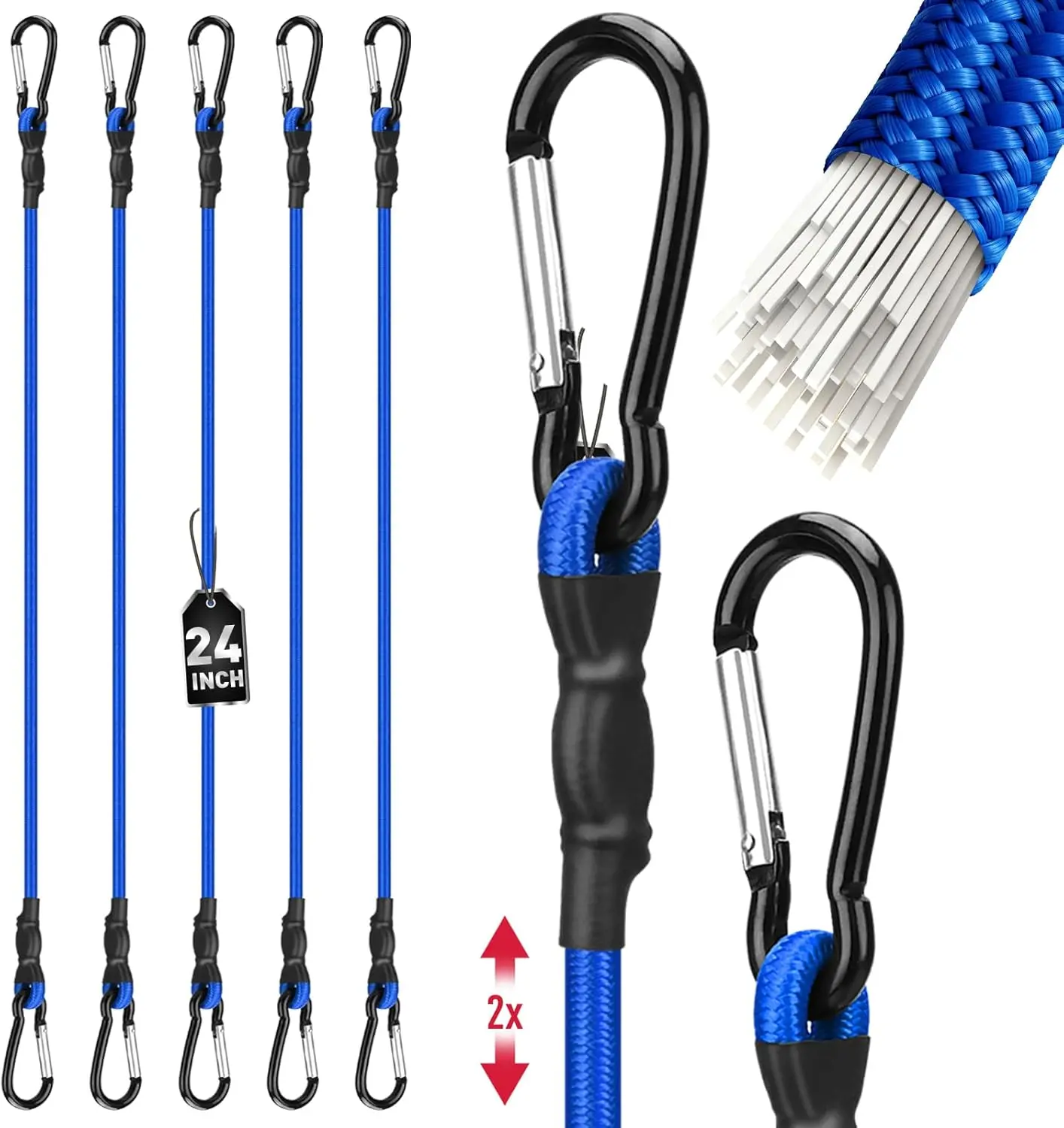5-Pcs 24-In Portable Bungee Cords with Carabiner Hooks, Heavy-Duty Shock-Absorb Rubber Elastic Tie-Down Straps for Truck Bed, Garden Tools, Camping Use (Blue)
