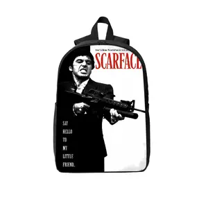 This printed 17-inch laptop backpack is crafted from durable polyester and features breathable shoulder straps, two-way zippers, and side pockets—making it the ideal choice for travelers and fans of 1980s gangster movies.