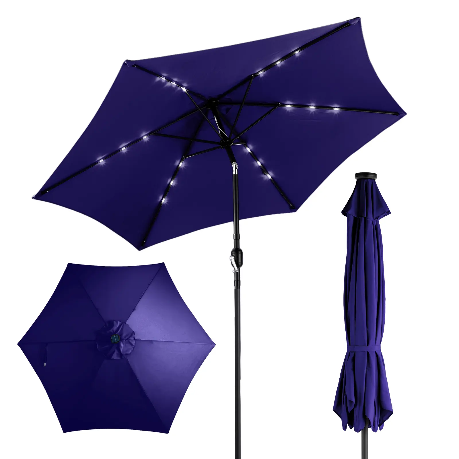 9ft Large Solar LED Market Umbrella, UPF50+ Polyester Canopy, Tiltable Crank Lift Fishing Rod for Outdoor Deck & Garden Use, Navy Blue