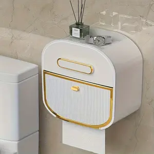 1PC Wall Mounted Paper Towel Holder with Storage Box No Drill Installation Bathroom Space Saving Plastic Modern Round Design for Christmas Halloween Gift Decor