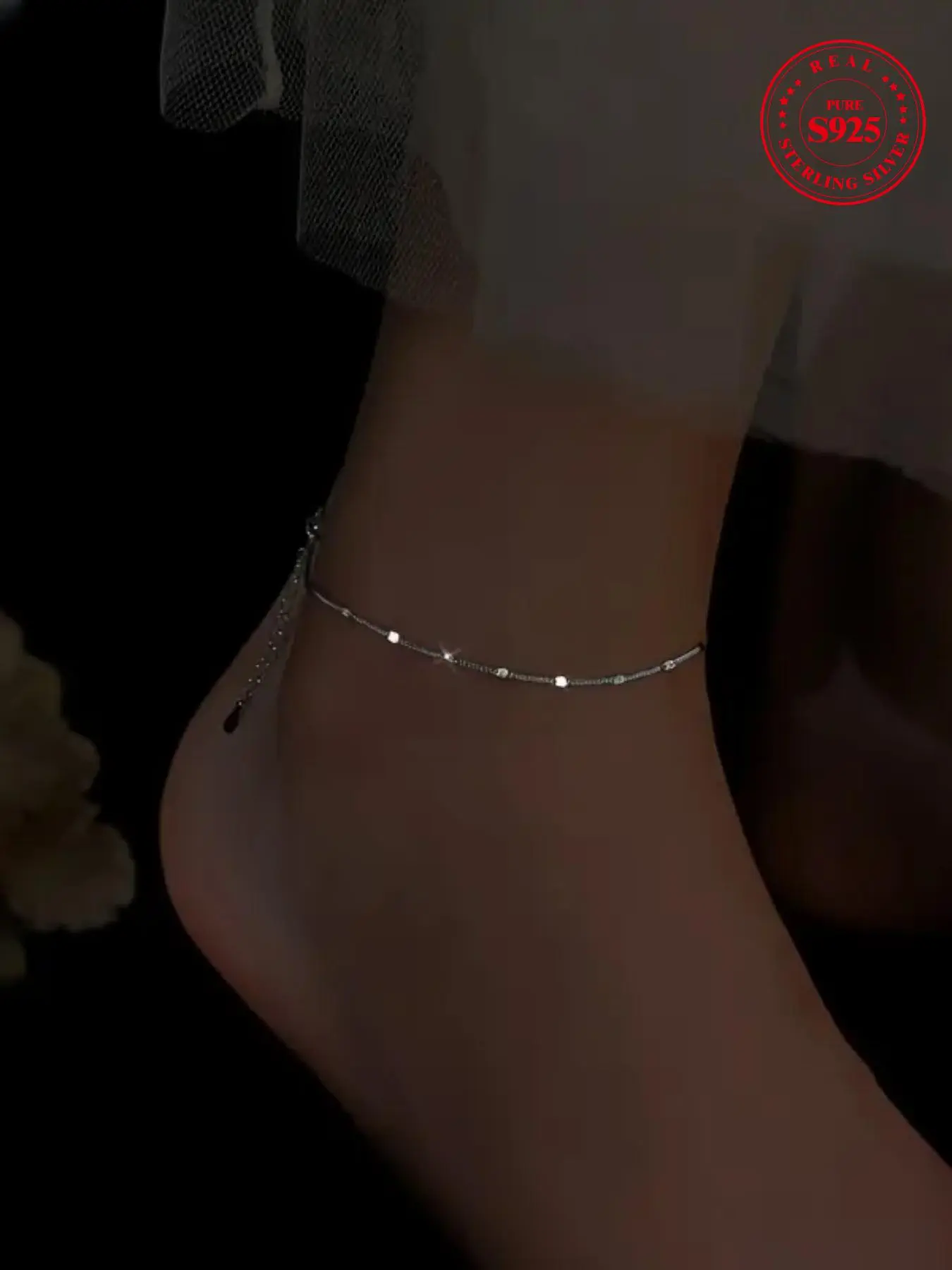 S925 Sterling Silver Simple Geometric Design Anklet for Women, Foot Jewelry, Anklets Jewelry, Fashion Jewelry for Party, Daily Clothing Decor, Trendy All-match & Exquisite Jewelry for Gift, Adjustable Link Bracelet, Pretty Bracelet, Matching Bracelet