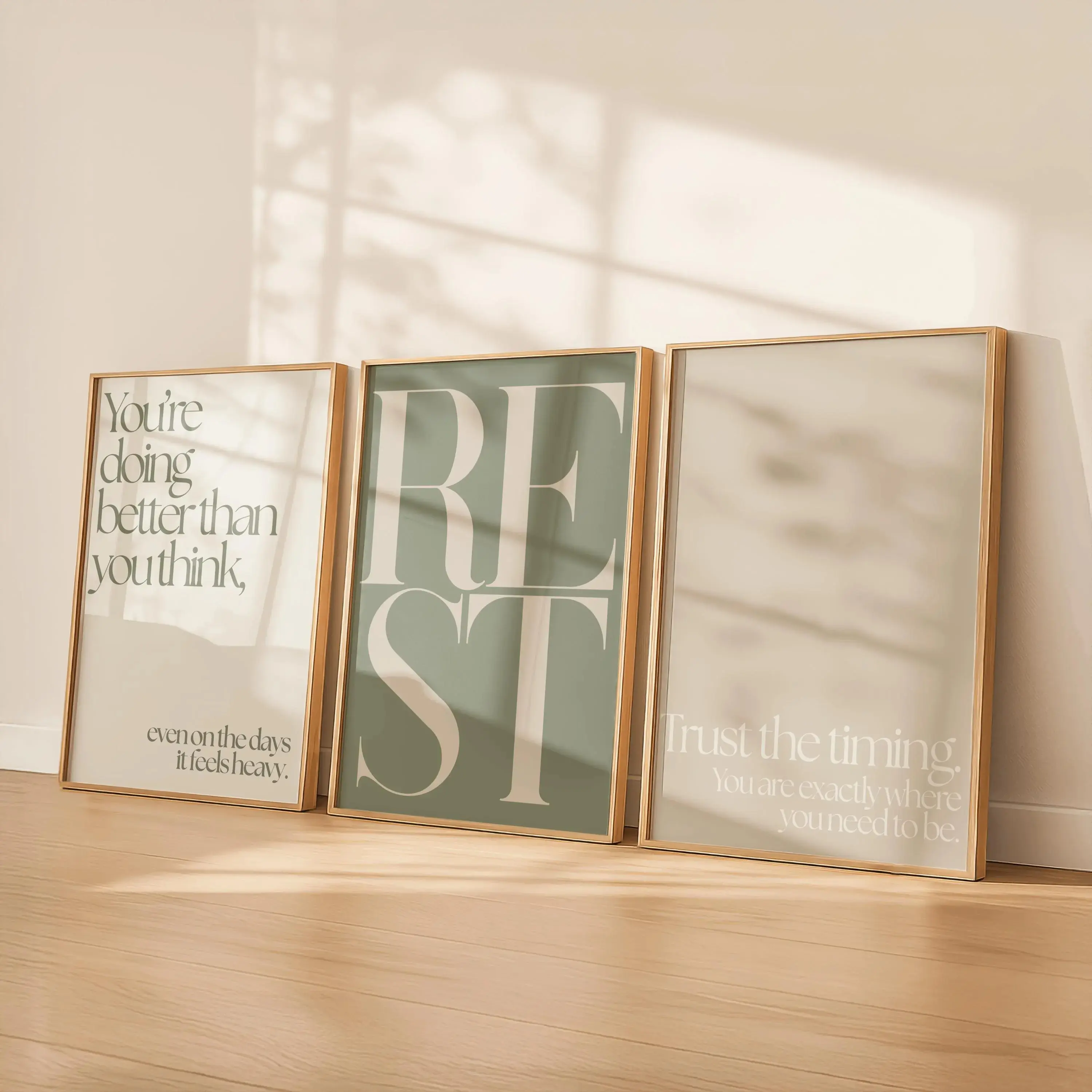 Sage Green Bedroom Unframed  Set of 3, Rest Quote Prints, Neutral Bedroom Decor, Minimalist Affirmation Wall Art, Calm Living Room Prints