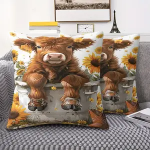 Highland Cow Throw Pillow with Digital Print, 45cm Square with Inner Cushion Featuring Adorable Calf in Cowboy Boots, Perfect for Home Decor, Country-Themed Accent Pillow, Home Decorative Cushion