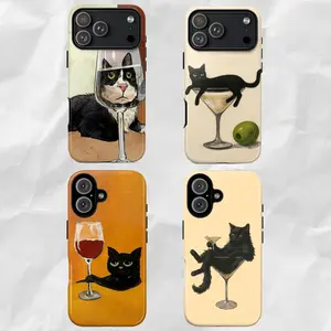 Y-Retro cocktail-themed black cat pattern phone case,Cute black cat pattern,for iPhone 16 15 14 13 12 11 17Pro Max,for Samsung S25 S24 S23 S22 Ultra,Protective Cover,give her/him a gift for Christmas and Thanksgiving