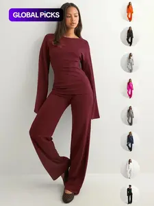 Women's New Fall Solid Fitted Round Neck Flare Sleeve Top & Elastic Waist Straight Leg Pants Set, Long Sleeve Casual Fashion for Daily Wear Outfit