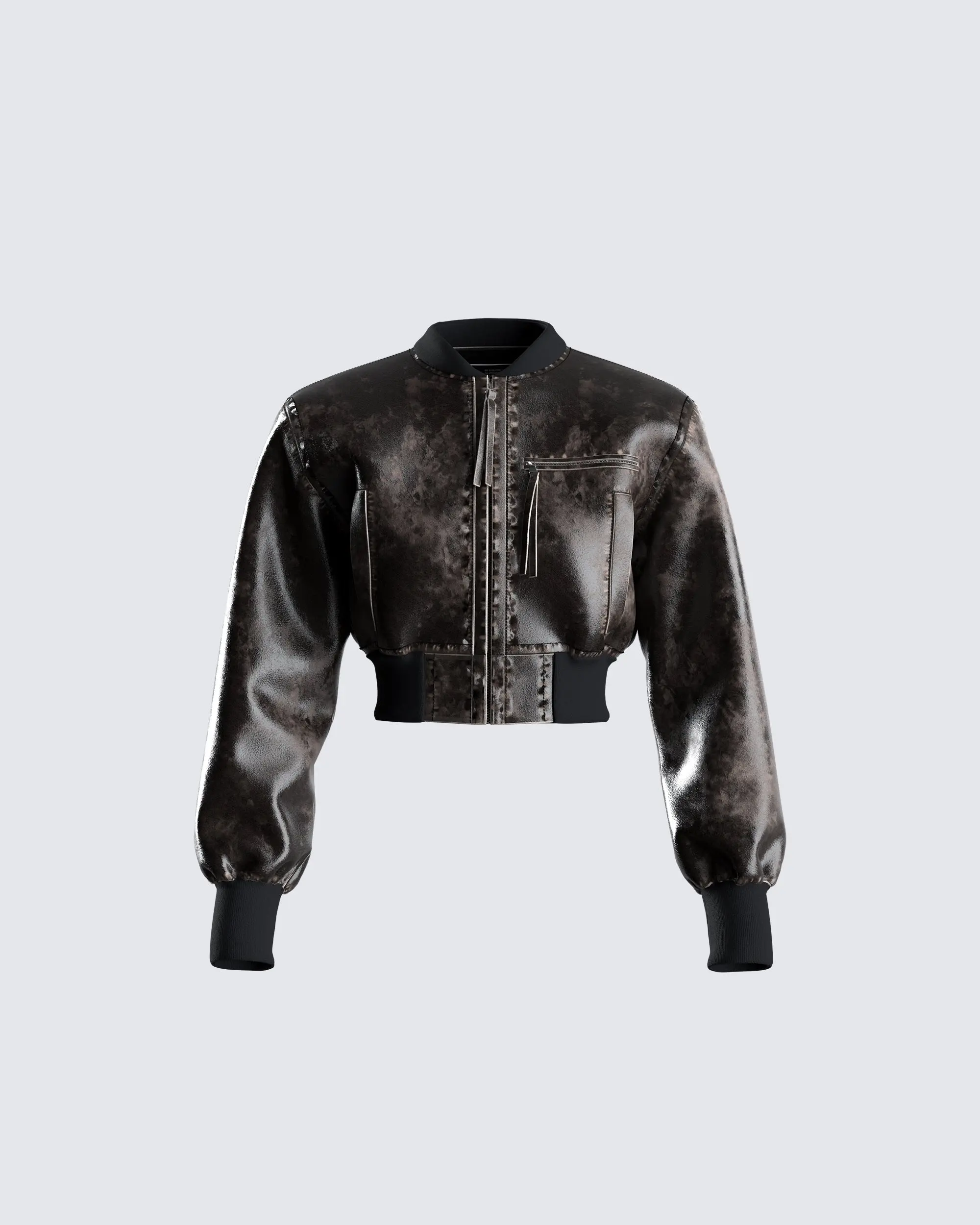 Women's Black Cropped Jacket in Faux Leather, Ada Casual Bomber Style with Studs Front and Stand Collar, Pocket, Coats, Gothic Style, Rockstar Aesthetic, Zipper, Tops, Ribbed, Rock Style
