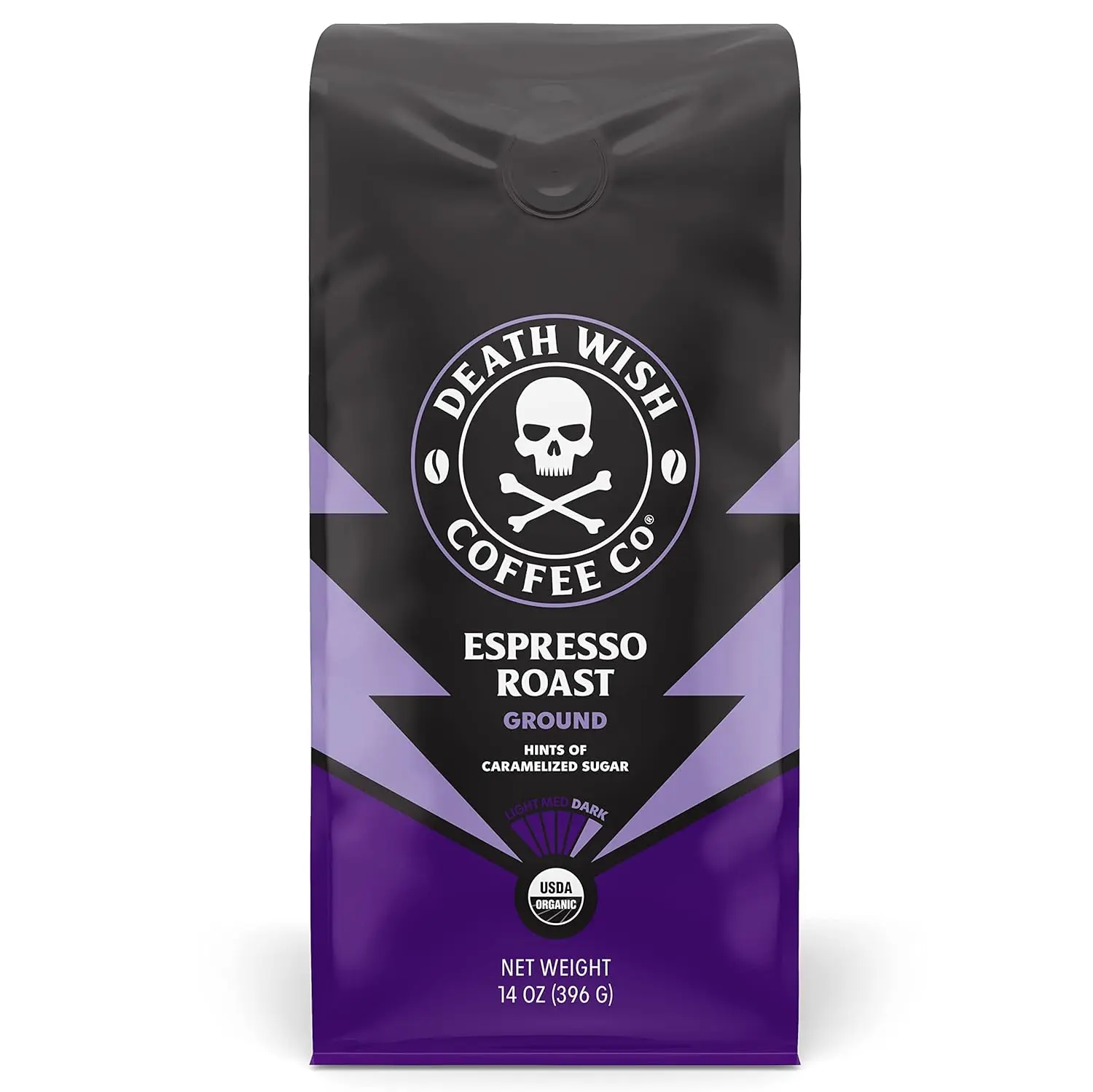 Death Wish Coffee Organic Dark Roast Ground Espresso Coffee - Cherry Flavor, Full Body Arabica & Robusta Blend, USDA Organic, Fair Trade, Vegan, Dairy Free, Tree Nut Free, Caffeinated, 14 oz, for Adults