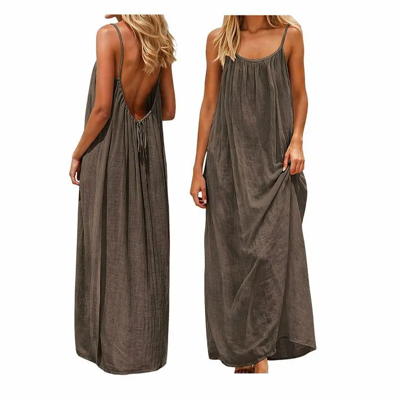 Women's Basic Backless Solid Color Cami Lounge Dress - Elegant, Loose Sleeveless Long Dress, Soft Comfortable Summer Sport & Outdoor Loungewear for Ladies Indoor Daily Use