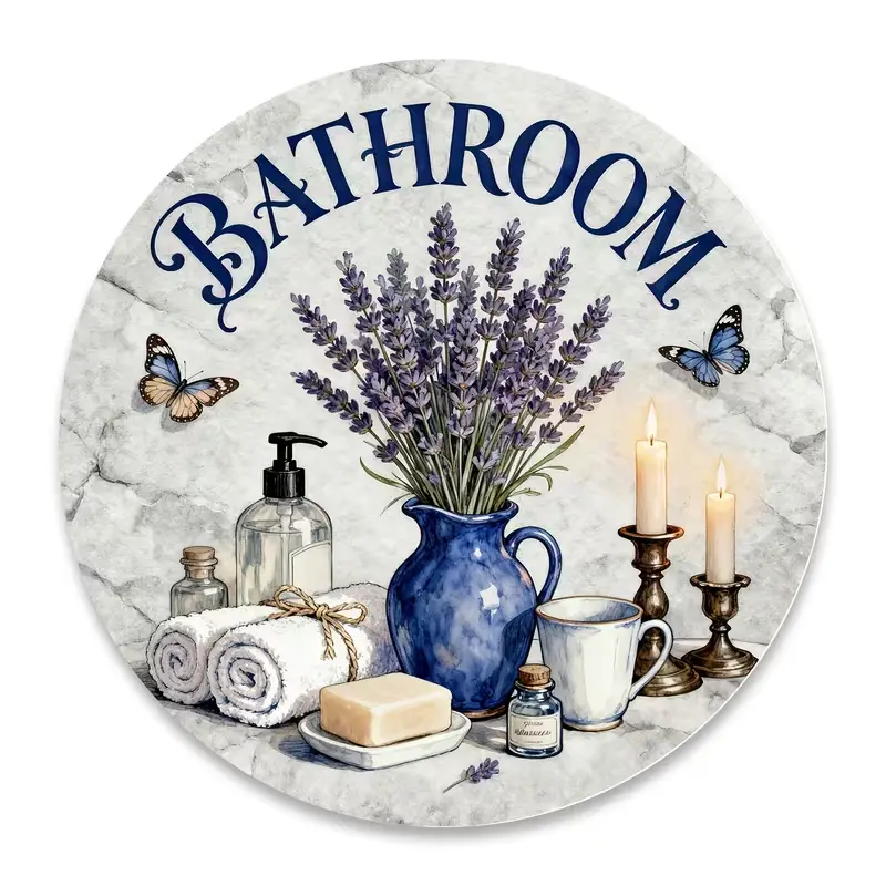 Vintage Lavender Bathroom Round Metal Tin Sign Spa Bath Towel Candle Blue Vase Butterfly Marble Background Circular Metal Wall Plaque Farmhouse French Country Bathroom Entryway Spa Shower Wall Decor Relaxing Gift For Lavender Lovers Bathroom Home Decor