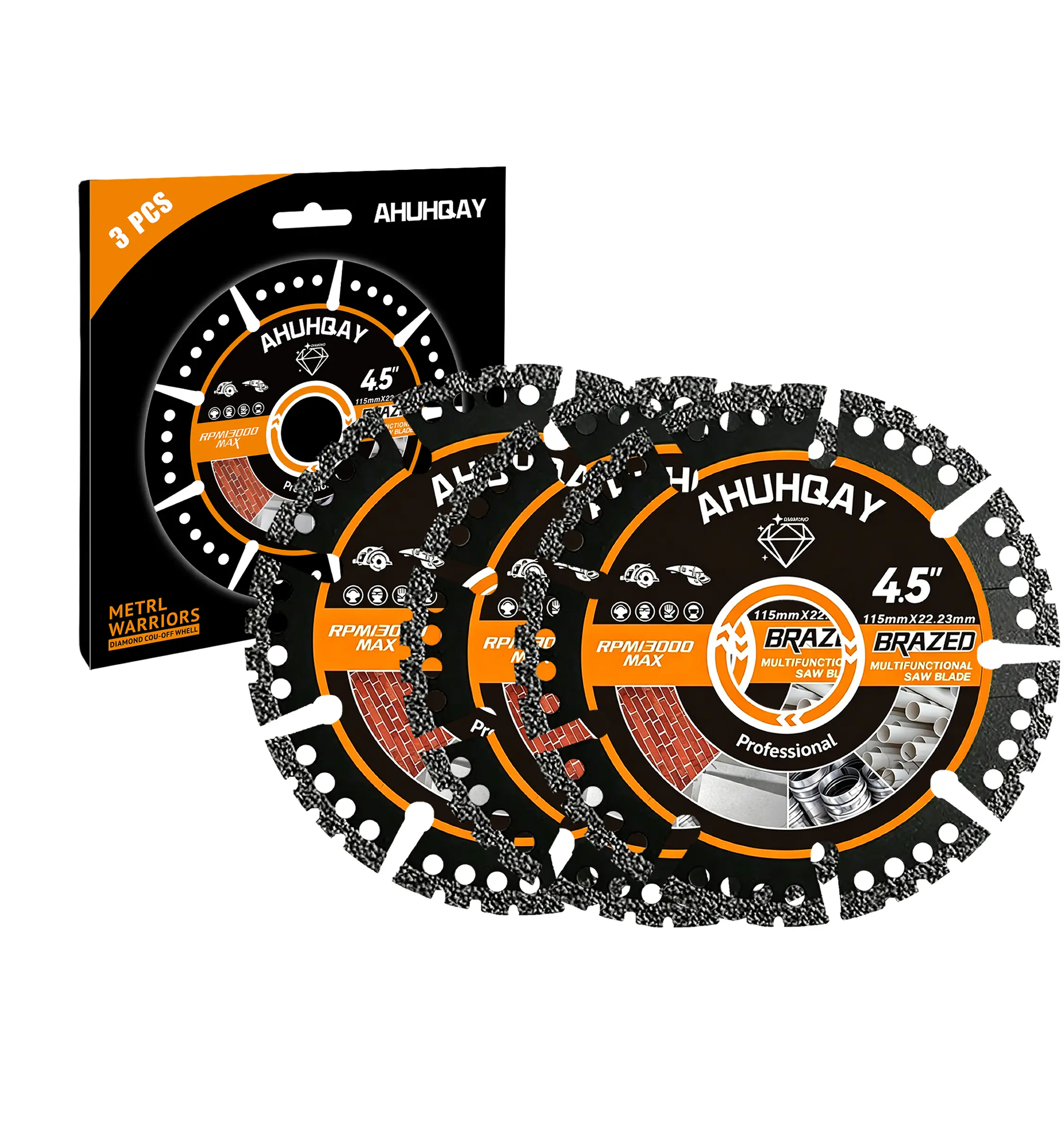 AHUHQAY 4-1/2 in Diamond Blades for Angle Grinder, 3pcs Heavy Duty Cut Off Wheels, Multi-Material Cutting Tools for Metal, Tile, Stone, Pvc Pipes Designed Blades Metal Bits