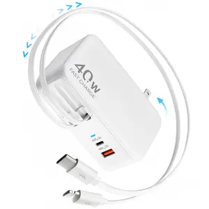 HATALKIN  4-in-1 Retractable Wall Charger Plug with Dual USB Ports and 35.5inch Lightening and Type-C Cables,40W Fast Charging Foldable Block i Phone 16/15/14,iPad,Galaxy,Pixel
