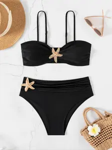 New Unique Design Solid Color Sexy Gold Star Decoration Slimming Belly Cover Fashion Vacation Two-Piece Swimsuit Set for Women Beach Casual Swimwear Bikini Suit Beach Bikinis