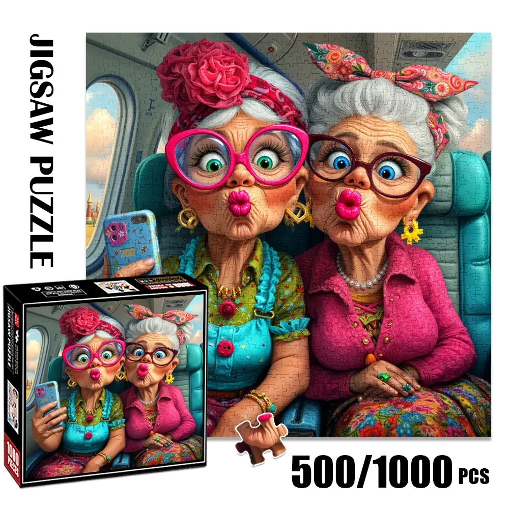 1pc 1000 piece adult puzzle 58x58cm Two Stylish Elderly Ladies Making Duck - Faces on Airplane Selfie 500 pieces paper jigsaw puzzle Art Puzzles Gift Family Puzzle suitable for DIY creative games for adults and families, birthda