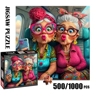 1pc 1000 piece adult puzzle 58x58cm Two Stylish Elderly Ladies Making Duck - Faces on Airplane Selfie 500 pieces paper jigsaw puzzle suitable for DIY creative games for adults and families, birthda