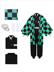 Anime Kamado Tanjirou Tanjiro Cosplay Costume, Demon Slayer Kimetsu No Yaiba Role Play for Adults, Halloween Carnival Clothing, Slim-Fitting Geometric Pattern, Anime Outfit