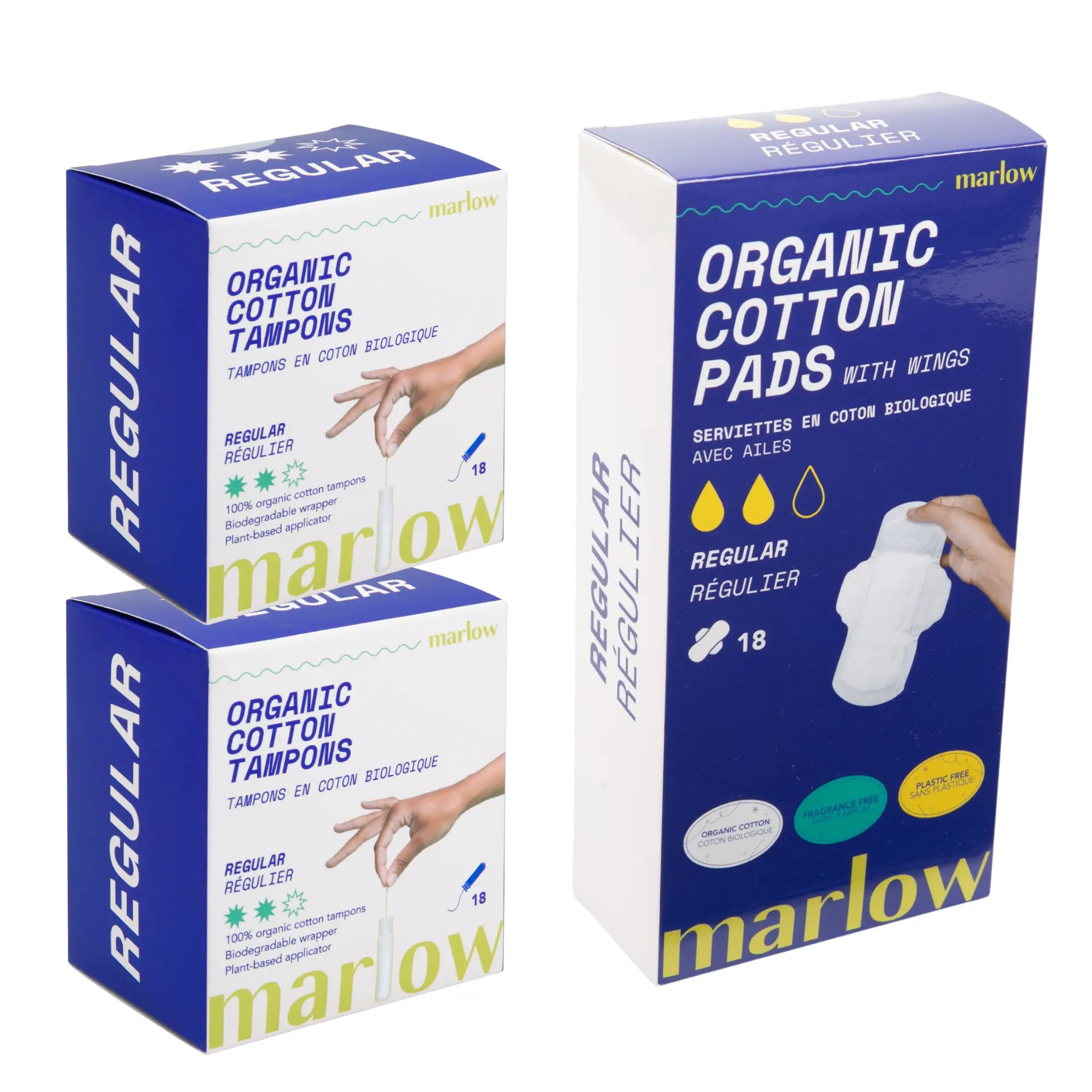 Marlow 100% Organic Cotton Regular Tampons (36 count), Day Pads with Wings (18 count), GOTS Certified Fragrance-Free Dye-Free Synthetic Fiber-Free Chlorine Bleach-Free Toxin-Free Dermatologist Tested