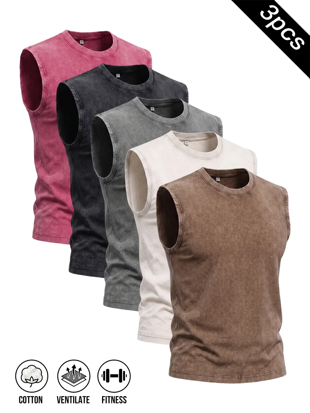 3-Pack 100% Cotton Vintage Wash Crew Neck Tanks, Wrinkle Resist Ventilate Material, Everyday Gym Casual Multi Pack Tops