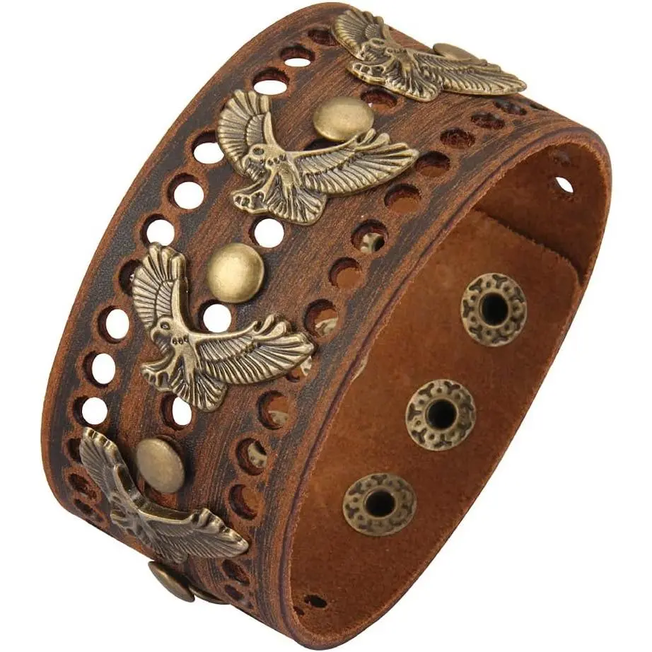 Men's Punk Genuine Leather Wristbands, Handmade Wide Cuff Braided Bracelets with Adjustable Buckle & Alloy Clasp, Black-Brown Adjustable Punk Father's Gifts