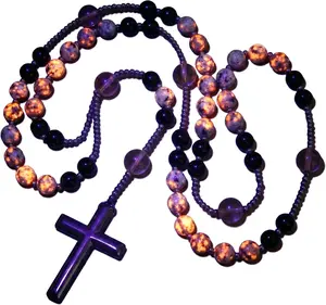 Stone Rosary Necklace UV Glowing (Flashing Flame Under UV) Natural Hematite Rosary Beads Catholic Obsidian Cross Pendant Necklace Healing Crystal Jewelry Gift for Men Women summerwins