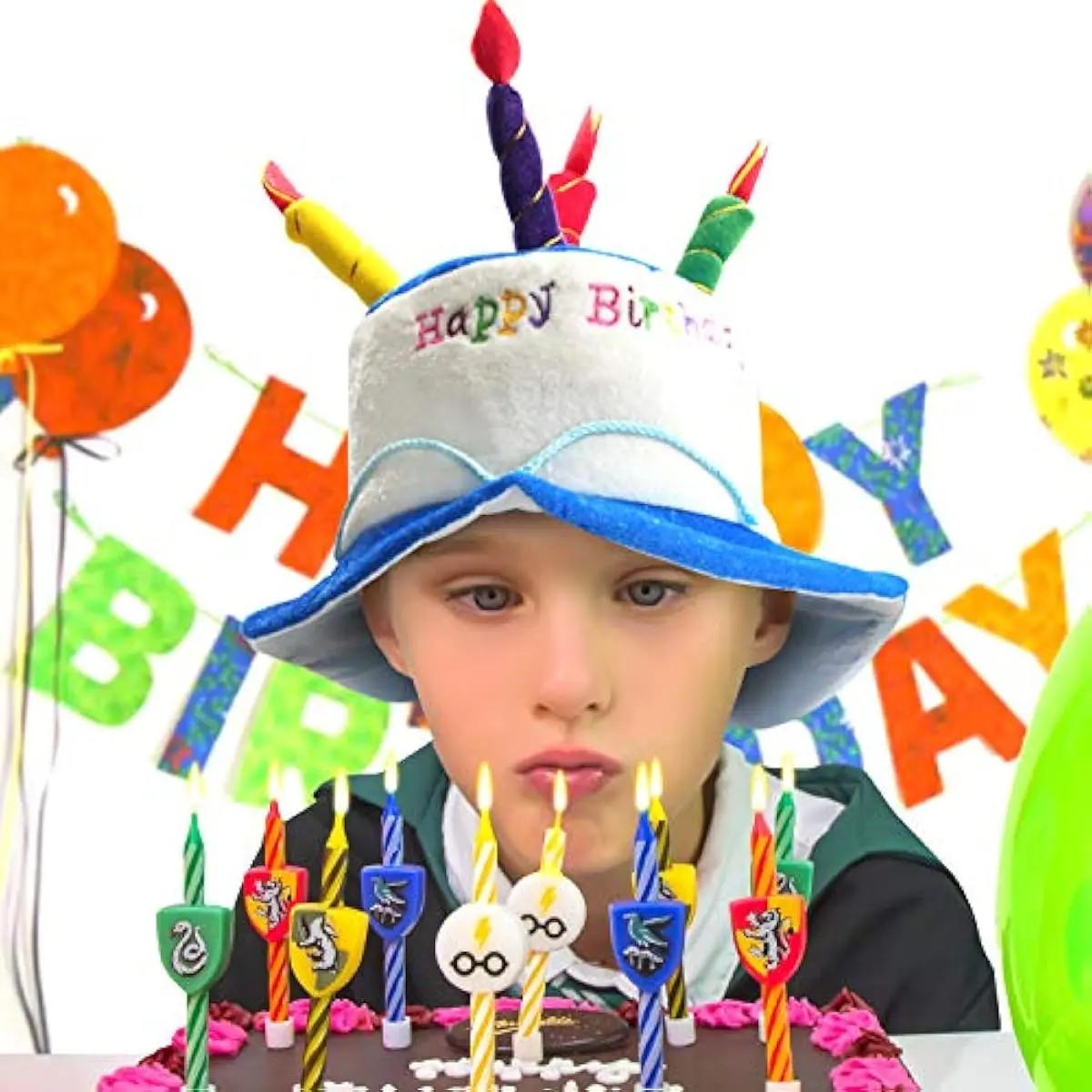 ISUNMEA Blue Plush Birthday-Themed Party Hat - Unisex Adult Size Fancy Dress Accessory - Ideal for Party Favors, Costume Use - Includes Cake Design & 5 Multicolor Candles, Birthday-Themed Party Hats