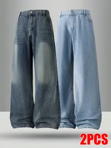 2-Pack Men's Baggy Wide Leg Jeans, Loose Fit Washed Denim Pants, Casual Streetwear Oversized Straight Leg Jeans, Vintage Hip Hop Jeans for Men