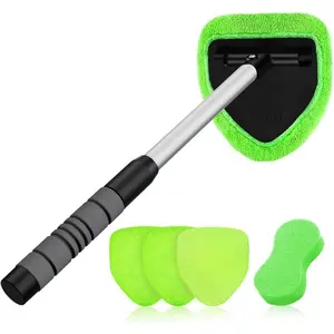 Windshield Cleaner Tool – Car Interior Window Cleaning Kit with Extendable Handle & 4 Microfiber Pads, Auto Wiper Inside Windshield Brush for Car & Home Windows, Car Cleaning Supplies