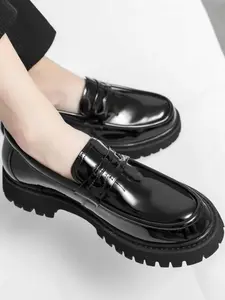 Men's Business Style Solid Color Patent Leather Loafers, Fashionable PU Leather Platform Shoes, Casual Comfortable Non-slip Shoes for Daily Wear